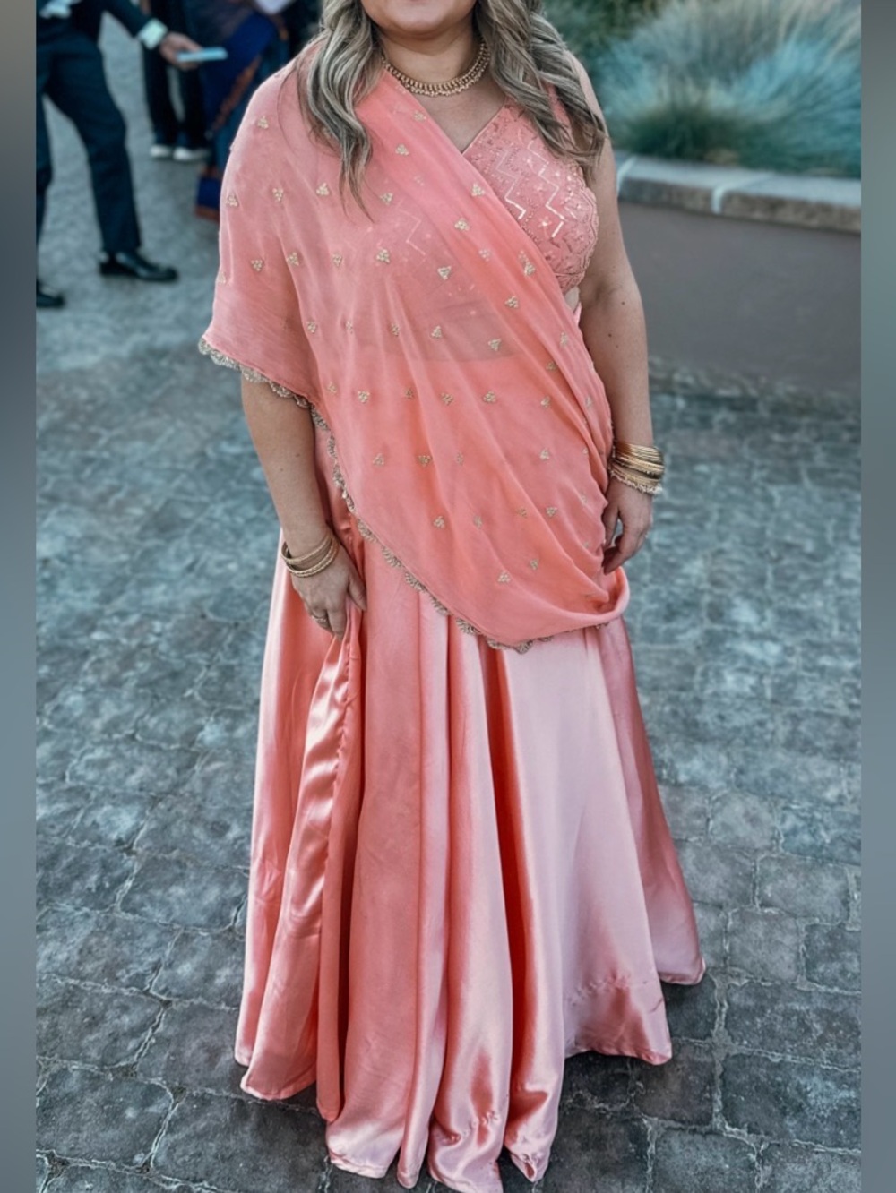 3 Piece Lehenga Peach Satin and Chiffon with Gold Embellishment